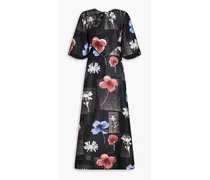 Floral-print linen and silk-blend midi dress - Black