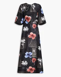 Ganni Floral-print linen and silk-blend midi dress - Black Black