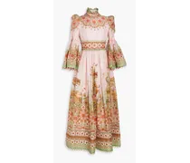 Bead-embellished printed linen and silk-blend maxi dress - Pink
