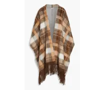 Bead-embellished fringed checked felt cape - Brown