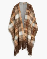 Brunello Cucinelli Bead-embellished fringed checked felt cape - Brown Brown