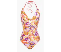 Knotted floral-print halterneck swimsuit - Purple