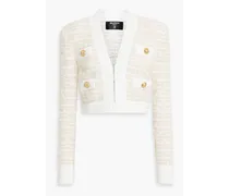 Cropped button-embellished bouclé-tweed jacket - White
