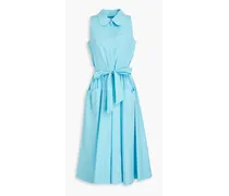 Belted pleated stretch-cotton poplin midi shirt dress - Blue