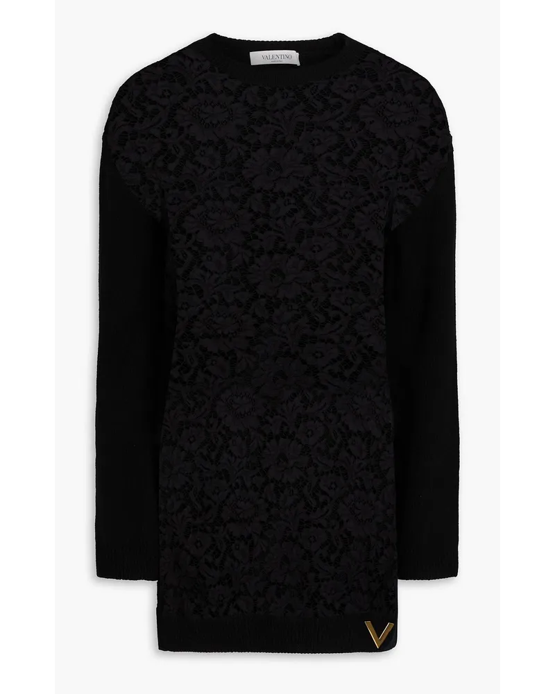 Valentino Garavani Corded lace-paneled wool and cashmere-blend sweater - Black Black