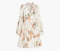 Gathered floral-print cotton mini wrap dress - White