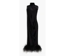 Feather-trimmed stretch-silk crepe midi dress - Black