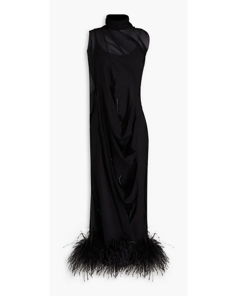 Maison Margiela Feather-trimmed stretch-silk crepe midi dress - Black Black