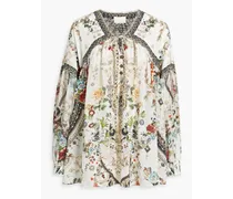 Embellished printed silk crepe de chine blouse - White