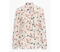 Pussy-bow printed silk crepe de chine blouse - White