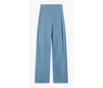 Pleated ribbed cotton-blend wide-leg pants - Blue