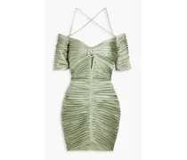 Off-the-shoulder ruched embellished satin-crepe mini dress - Green