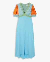 Saloni Lea smocked color-block crepe midi dress - Blue Blue