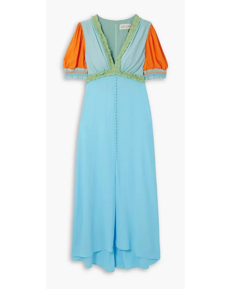 Saloni Lea smocked color-block crepe midi dress - Blue Blue