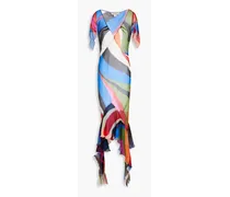 Ruffled printed silk-crepon maxi dress - Blue