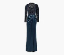 Open-back embellished velvet and tulle gown - Blue