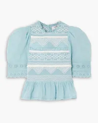 Sea Olga smocked embroidered cotton-voile peplum top - Blue Blue