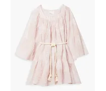 Belted checked linen and cotton-blend seersucker mini dress - Pink