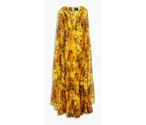 Cape-effect pleated floral-print chiffon gown - Yellow