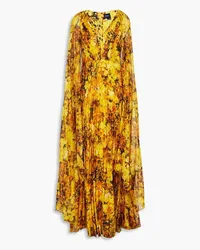 Marchesa Cape-effect pleated floral-print chiffon gown - Yellow Yellow