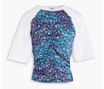 Ruched floral-print satin-paneled cotton-jersey T-shirt - Blue