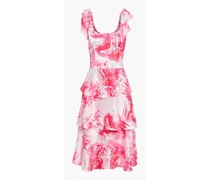 Bow-embellished tiered printed satin dress - Pink