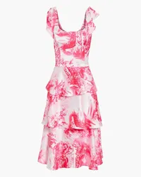 Marchesa Bow-embellished tiered printed satin dress - Pink Pink