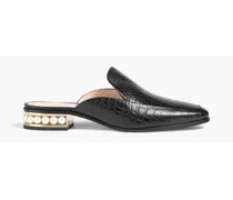 25mm Casati Moccasin faux pearl-embellished croc-effect leather slippers - Black