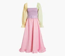 Shirred color-block twill midi dress - Pink