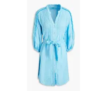 Belted pintucked linen mini shirt dress - Blue