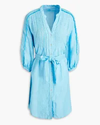 120% Lino Belted pintucked linen mini shirt dress - Blue Blue