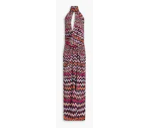 Draped metallic crochet-knit halterneck maxi dress - Pink