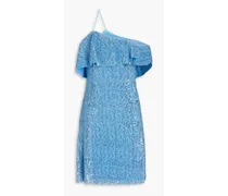 One-shoulder metallic sequined mesh mini dress - Blue