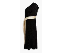 One-shoulder fringed devoré-velvet midi dress - Black