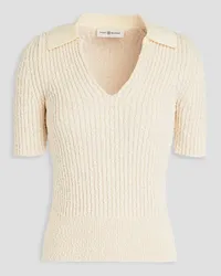 Tory Burch Ribbed bouclé-knit cotton polo shirt - White White