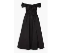 Lily off-the-shoulder shirred cotton-poplin midi dress - Black