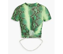 Nevra cropped embellished snake-print stretch-mesh top - Green
