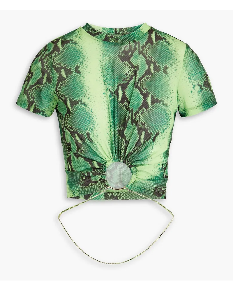 Cult Gaia Nevra cropped embellished snake-print stretch-mesh top - Green Green