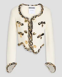 Moschino Asymmetric embellished waffle-knit wool cardigan - White White