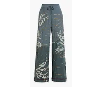 Cotton-voile paneled embroidered silk crepe de chine wide-leg pants - Blue