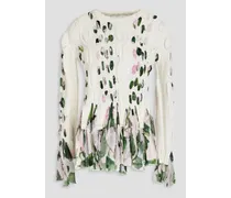 Floral-print chiffon and cable-knit cotton sweater - White