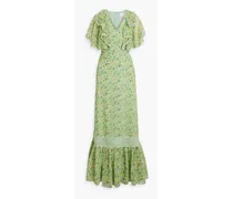 Lace-trimmed ruffled floral-print chiffon maxi dress - Green