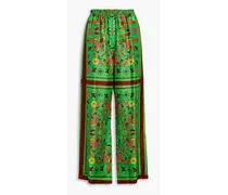 Printed silk-twill wide-leg pants - Green