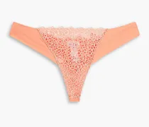 Stretch-jersey and guipure lace low-rise thong - Orange