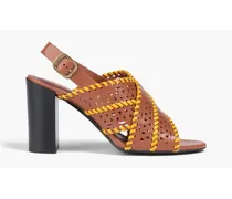 Laser-cut leather slingback sandals - Brown