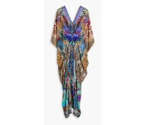 Crystal-embellished draped printed silk crepe de chine maxi dress - Purple