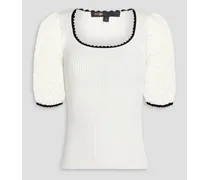 Crochet-paneled ribbed-knit top - White