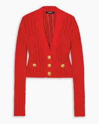 Balmain Cropped button-embellished ribbed pointelle-knit cardigan - Red Red