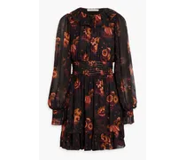 Adara ruffled floral-print silk-chiffon mini dress - Black
