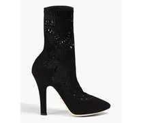 Broderie anglaise-trimmed stretch-mesh ankle boots - Black